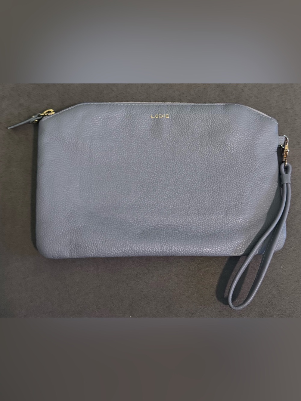 Lodis Small Pebble Leather Wristlet Clutch in Periwinkle with Gold Logo